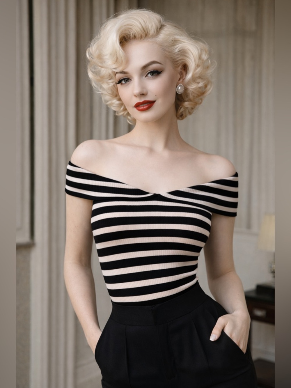 Reformation Black & Cream Striped Off the Shoulder Top Size S like new ribbed